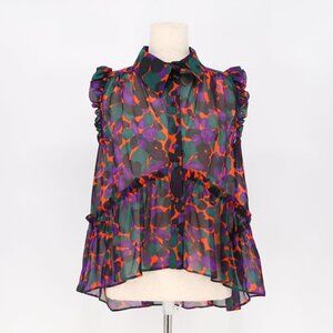 INCLAN STUDIO 100% Silk Ruffle Sleeve Sheer Purple Multi High-Low Blouse Size S